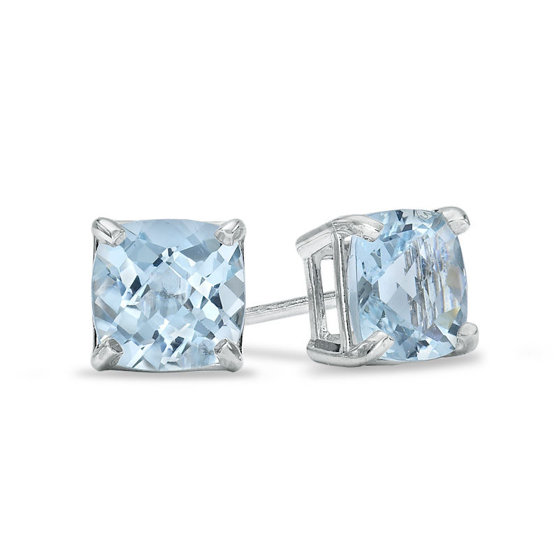 Main Image 1 of Previously Owned - 6.0mm Cushion-Cut Lab-Created Blue Spinel Stud Earrings in 10K White Gold