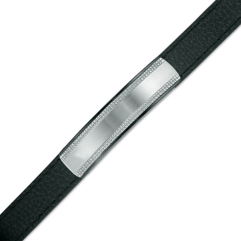 Previously Owned - Men's Diamond Accent Black Leather ID Bracelet in Stainless Steel - 8.5"|Peoples Jewellers