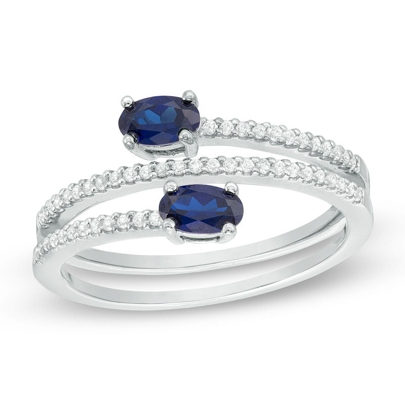 Previously Owned - Oval Lab-Created Blue and White Sapphire Coil Ring in Sterling Silver