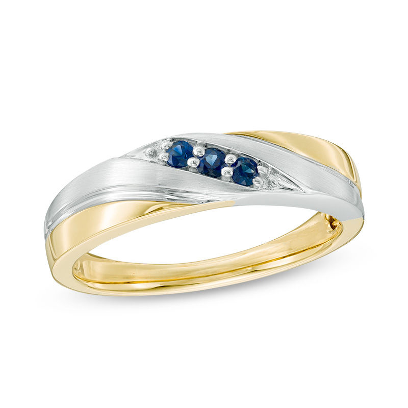Previously Owned - Men's Blue Sapphire Three Stone Slant Wedding Band in 10K Two-Tone Gold