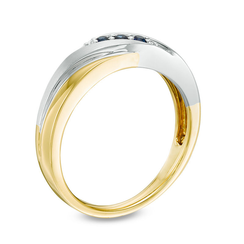 Previously Owned - Men's Blue Sapphire Three Stone Slant Wedding Band in 10K Two-Tone Gold