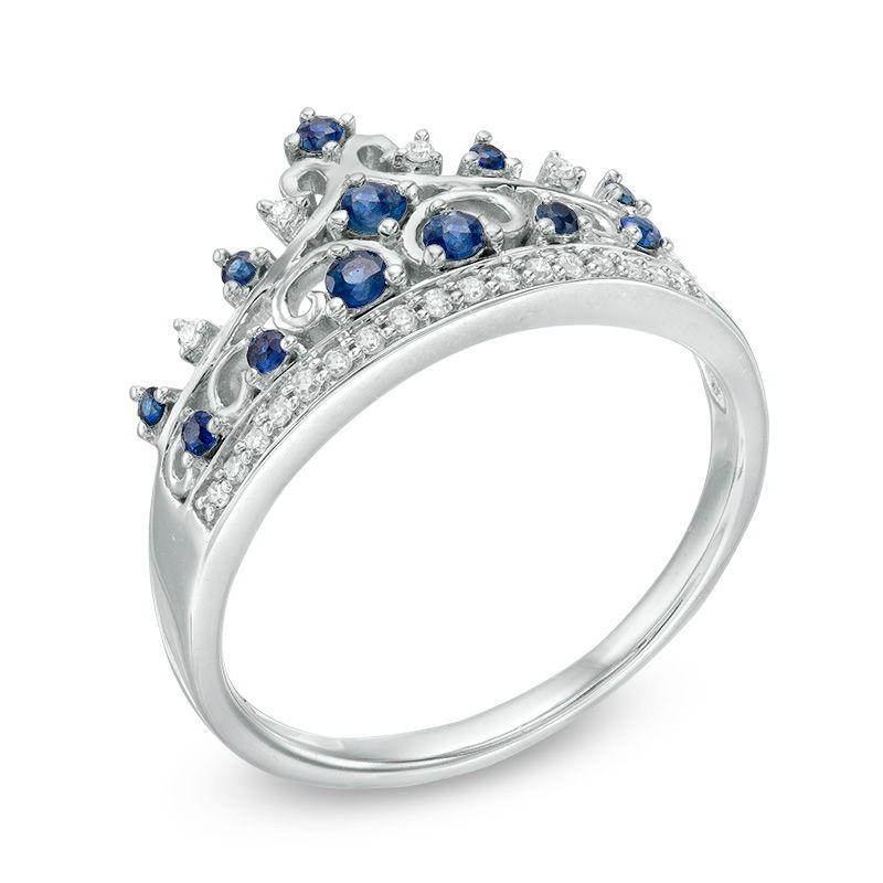 Main Image 2 of Previously Owned - Princess-Cut and Round Blue Sapphire with Lab-Created White Sapphire Crown Ring in Sterling Silver