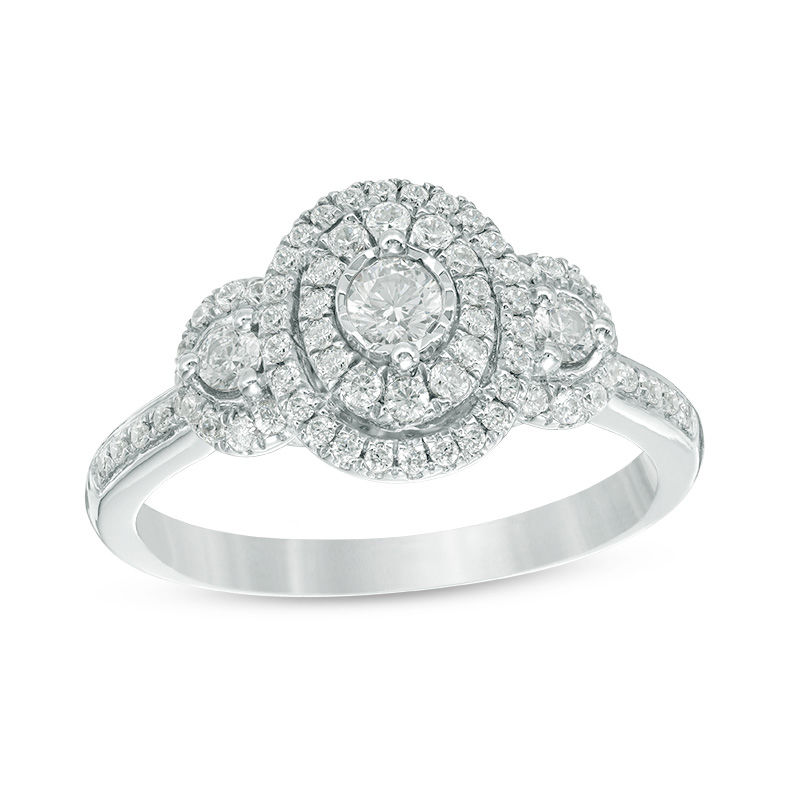 Main Image 1 of Previously Owned - 0.45 CT. T.W. Diamond Past Present Future® Oval Double Frame Engagement Ring in 10K White Gold