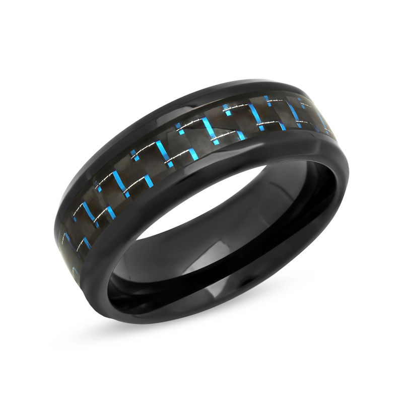 Previously Owned - Men's 8.0mm Comfort Fit Carbon Fibre Textured Black IP Wedding Band in Stainless Steel