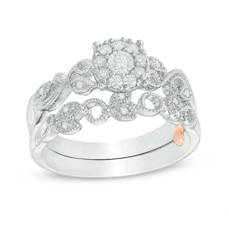 Main Image 1 of Previously Owned -  0.30 CT. T.W. Diamond Frame Vintage-Style Interlocking Bridal Set in 10K White Gold