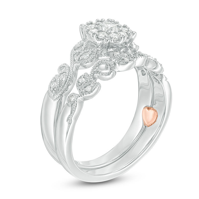 Main Image 2 of Previously Owned -  0.30 CT. T.W. Diamond Frame Vintage-Style Interlocking Bridal Set in 10K White Gold