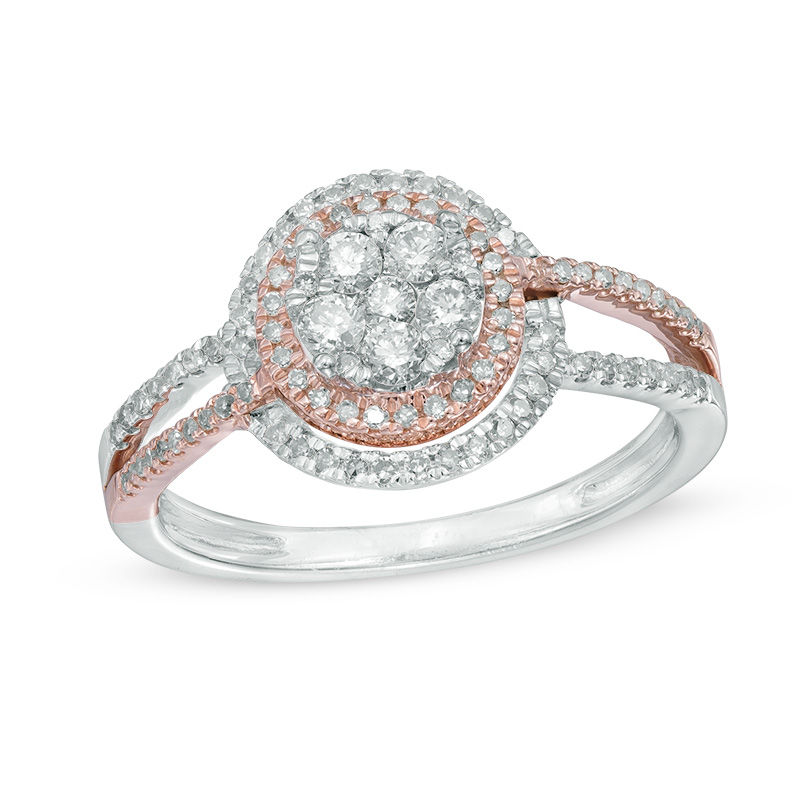 Previously Owned - 0.50 CT. T.W. Composite Diamond Double Frame Split Shank Engagement Ring in 10K Two-Tone Gold