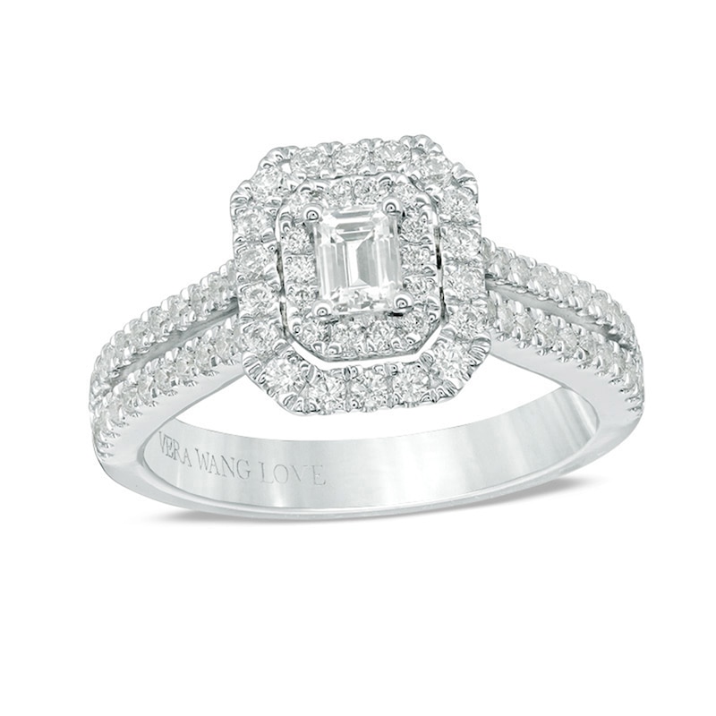 Previously Owned - Vera Wang Love Collection 0.95 CT. T.W. Emerald-Cut Diamond Frame Engagement Ring in 14K White Gold