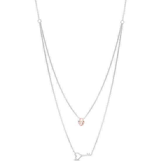 Previously Owned - Diamond Accent Heart Key and Lock Double Strand Necklace in Sterling Silver and 10K Rose Gold - 25"