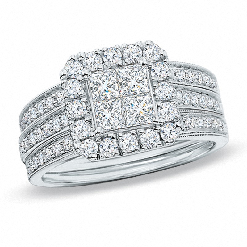 Previously Owned - 1.51 CT. T.W. Quad Princess-Cut Diamond Framed Bridal Set in 14K White Gold