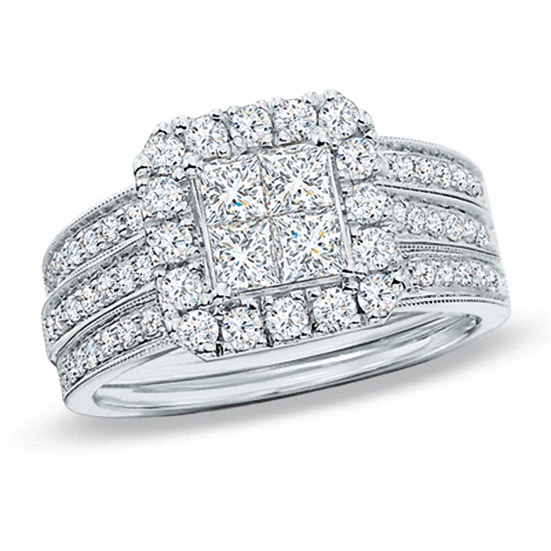 Main Image 1 of Previously Owned - 1.51 CT. T.W. Quad Princess-Cut Diamond Framed Bridal Set in 14K White Gold