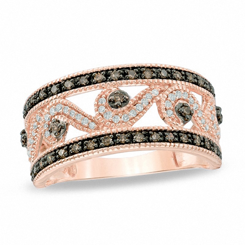 Previously Owned - 0.33 CT. T.W. Champagne and White Diamond Scroll Ring in 10K Rose Gold