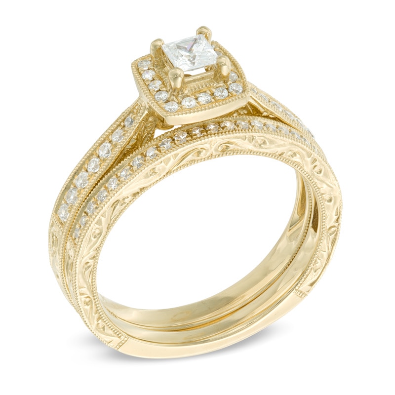 Main Image 2 of Previously Owned - 0.45 CT. T.W.  Princess-Cut Diamond Frame Vintage-Style Bridal Set in 14K Gold