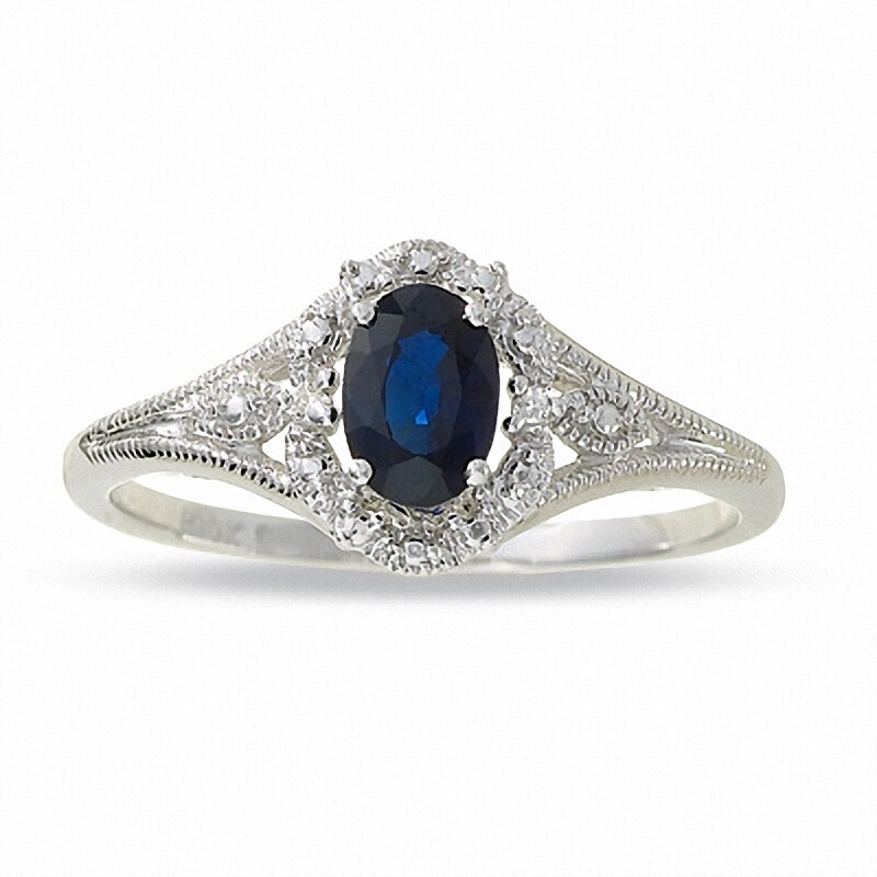 Main Image 1 of Previously Owned - Oval Blue Sapphire Filigree Ring in 10K White Gold with Diamond Accents