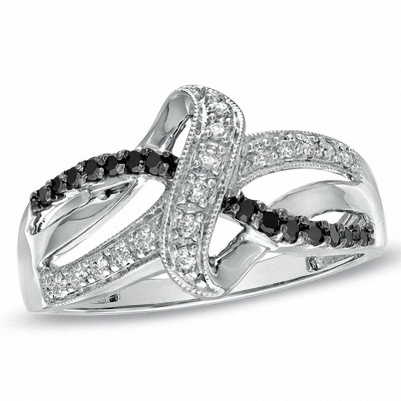 Previously Owned - 0.25 CT. T.W. Enhanced Black and White Diamond Ribbon Ring in Sterling Silver