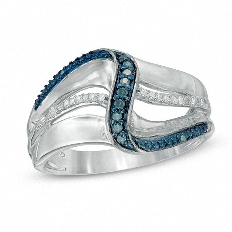 Main Image 1 of Previously Owned - 0.13 CT. T.W. Enhanced Blue and White Diamond Linear Wave Ring in Sterling Silver