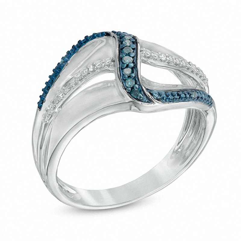 Main Image 2 of Previously Owned - 0.13 CT. T.W. Enhanced Blue and White Diamond Linear Wave Ring in Sterling Silver