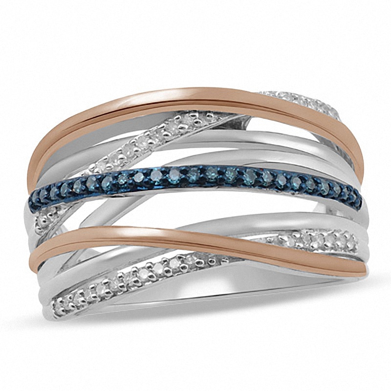 Previously Owned - 0.20 CT. T.W. Enhanced Blue and White Diamond Layered Rows Ring in Sterling Silver and 10K Rose Gold