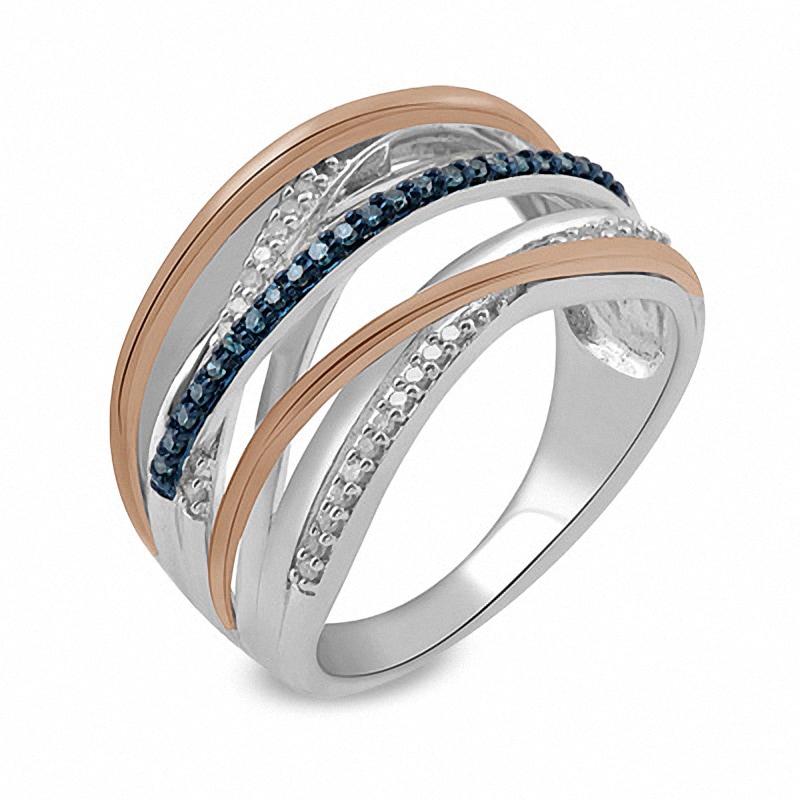 Previously Owned - 0.20 CT. T.W. Enhanced Blue and White Diamond Layered Rows Ring in Sterling Silver and 10K Rose Gold