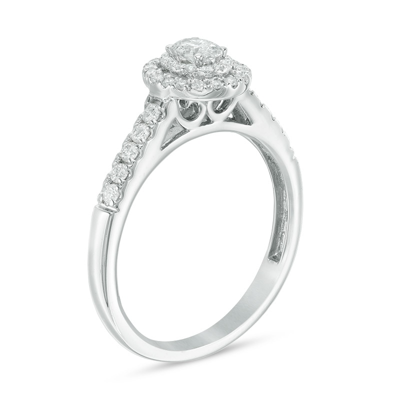 Previously Owned - 0.45 CT. T.W. Oval Diamond Double Frame Engagement Ring in 14K White Gold