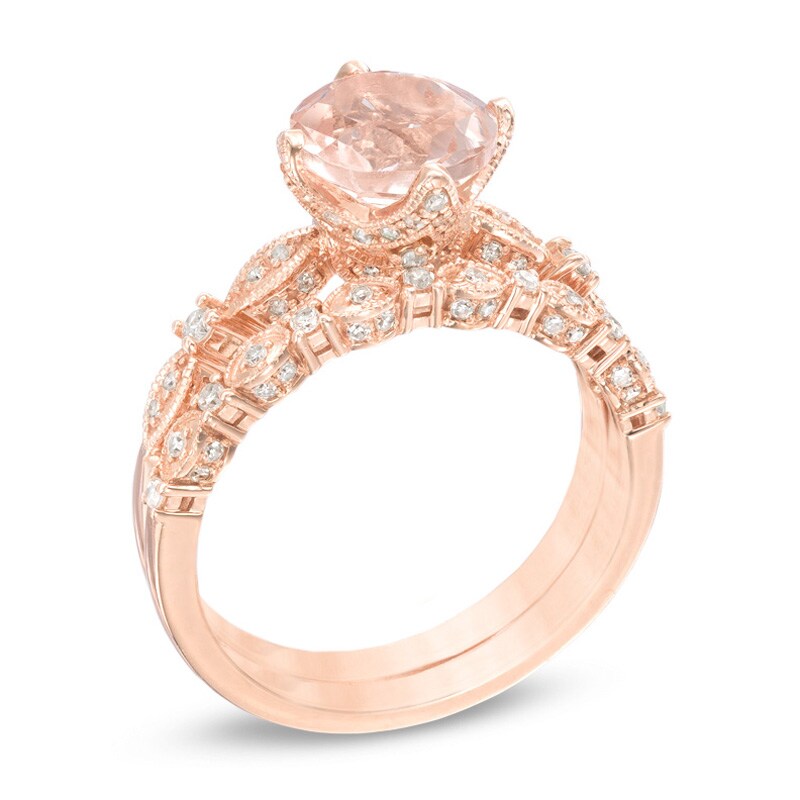 Main Image 2 of Previously Owned - Morganite and 0.34 CT. T.W. Diamond Vintage-Style Bridal Set in 14K Rose Gold