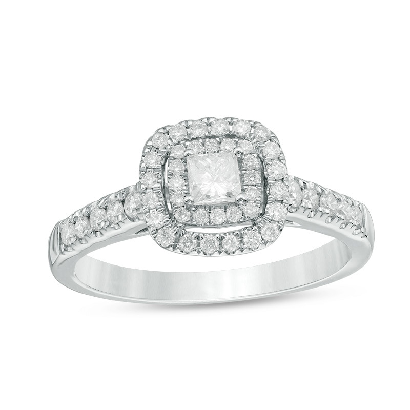 Previously Owned - 0.45 CT. T.W. Princess-Cut Diamond Double Frame Engagement Ring in 14K White Gold