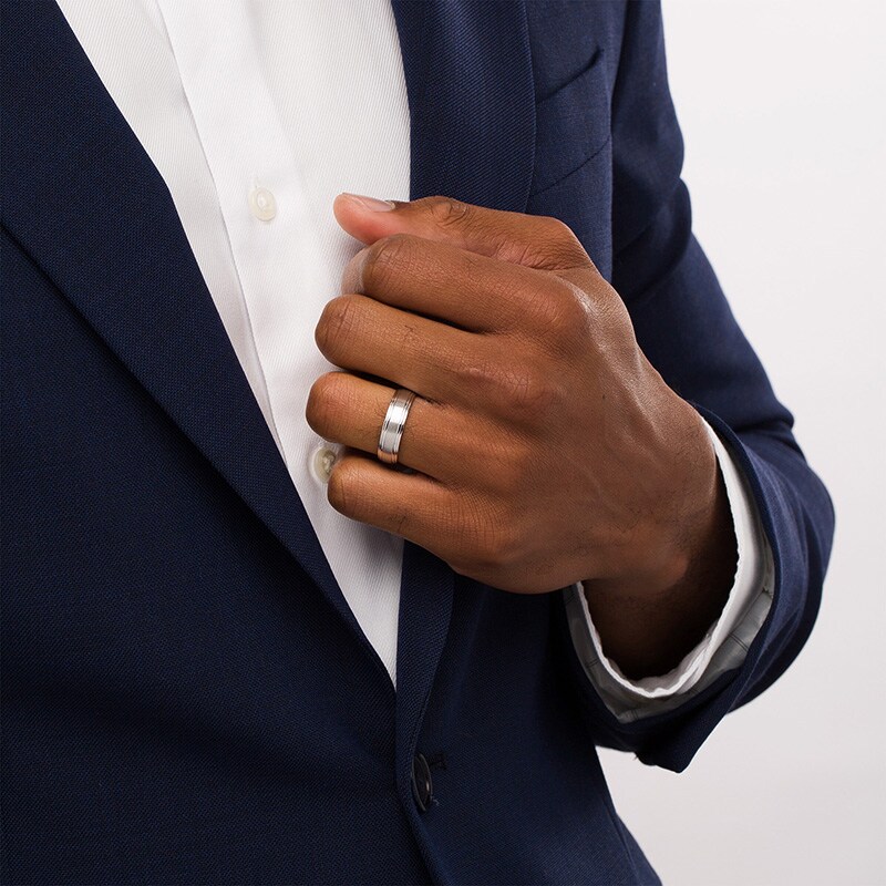Main Image 2 of Previously Owned - Men's 6.0mm Brushed Stepped Edge Wedding Band in 14K White Gold