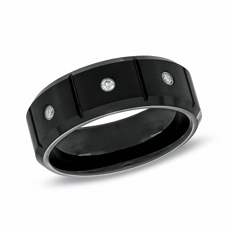 Main Image 1 of Previously Owned - 0.09 CT. T.W. Diamond Three Stone Black IP Tungsten Wedding Band