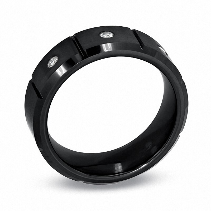 Main Image 2 of Previously Owned - 0.09 CT. T.W. Diamond Three Stone Black IP Tungsten Wedding Band