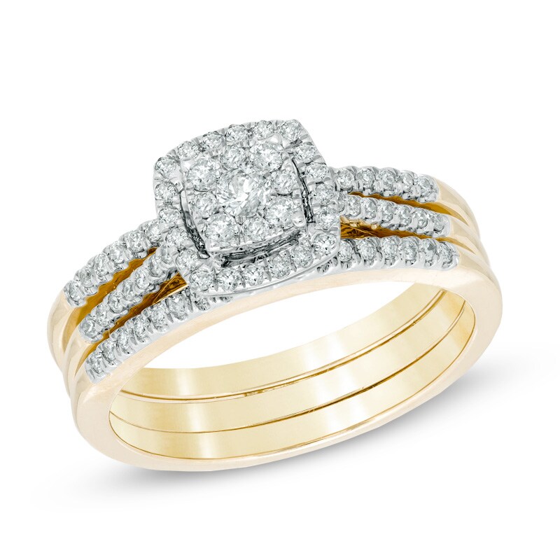 Previously Owned - 0.50 CT. T.W. Diamond Square Cluster Frame Three Piece Bridal Set in 10K Gold