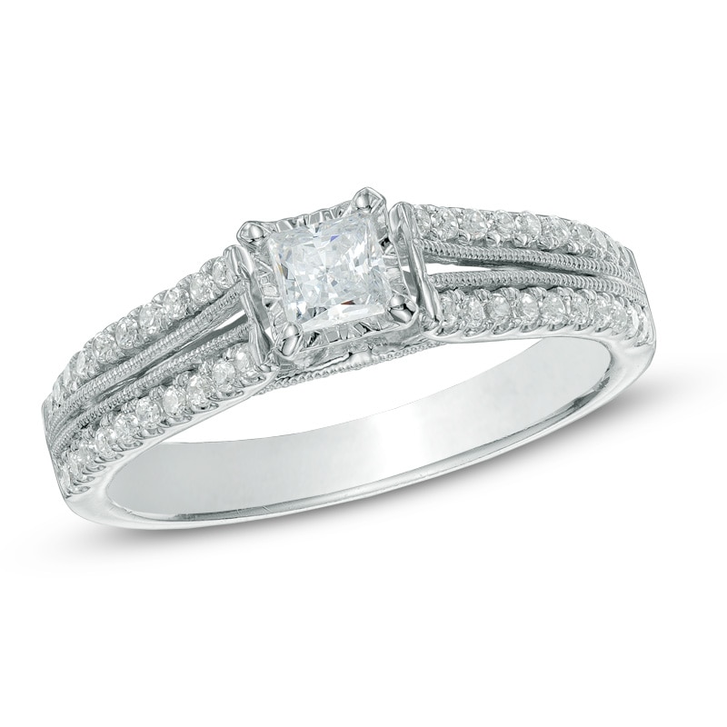 Previously Owned - 0.50 CT. T.W. Princess-Cut Diamond Split Shank Engagement Ring in 10K White Gold