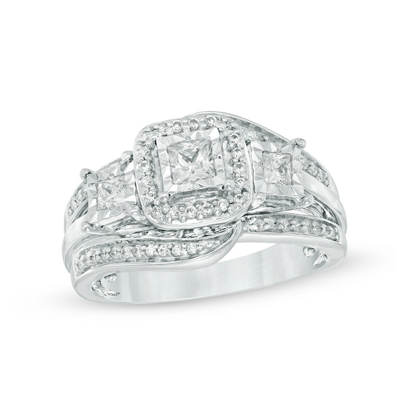 Previously Owned - 0.63 CT. T.W. Princess-Cut Diamond Past Present Future® Three Stone Ring in 10K White Gold