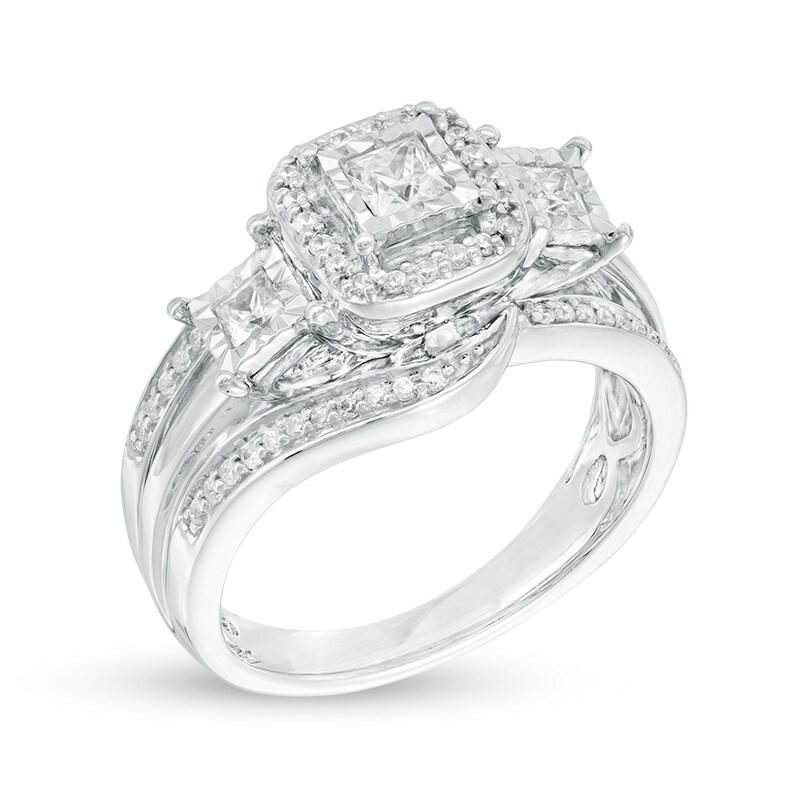 Previously Owned - 0.63 CT. T.W. Princess-Cut Diamond Past Present FutureÂ® Three Stone Ring in 10K White Gold