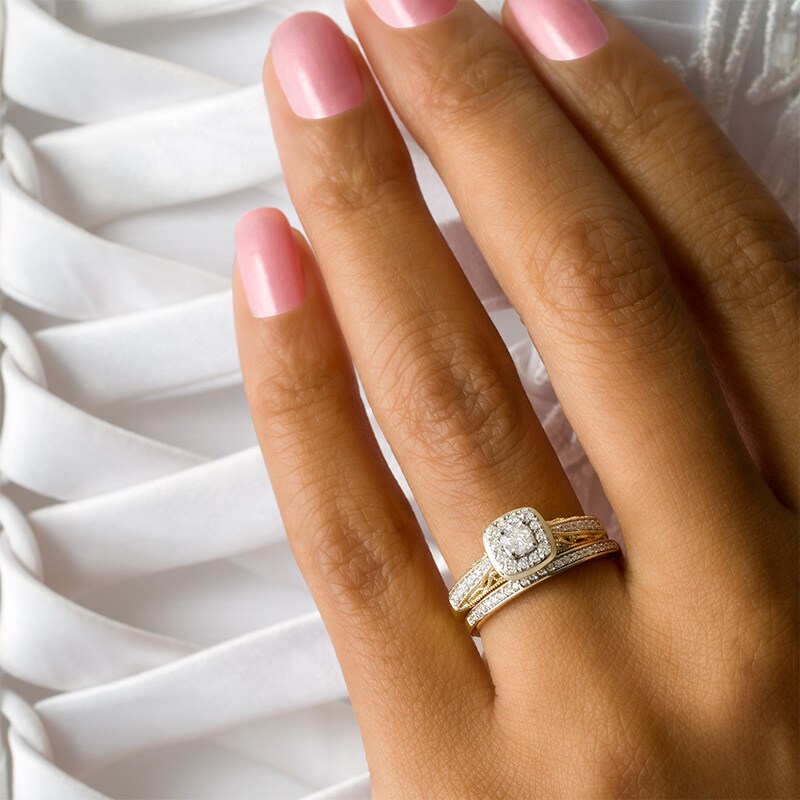 Main Image 3 of Previously Owned - Perfect Fit 0.45 CT. T.W. Diamond Cushion Frame Vintage-Style Interlocking Bridal Set in 10K Gold