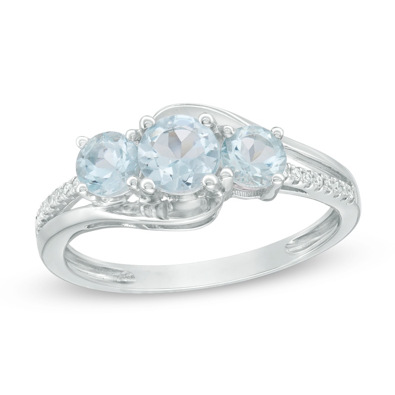 Main Image 1 of Previously Owned - Aquamarine and 0.04 CT. T.W. Diamond Three Stone Bypass Ring in 10K White Gold