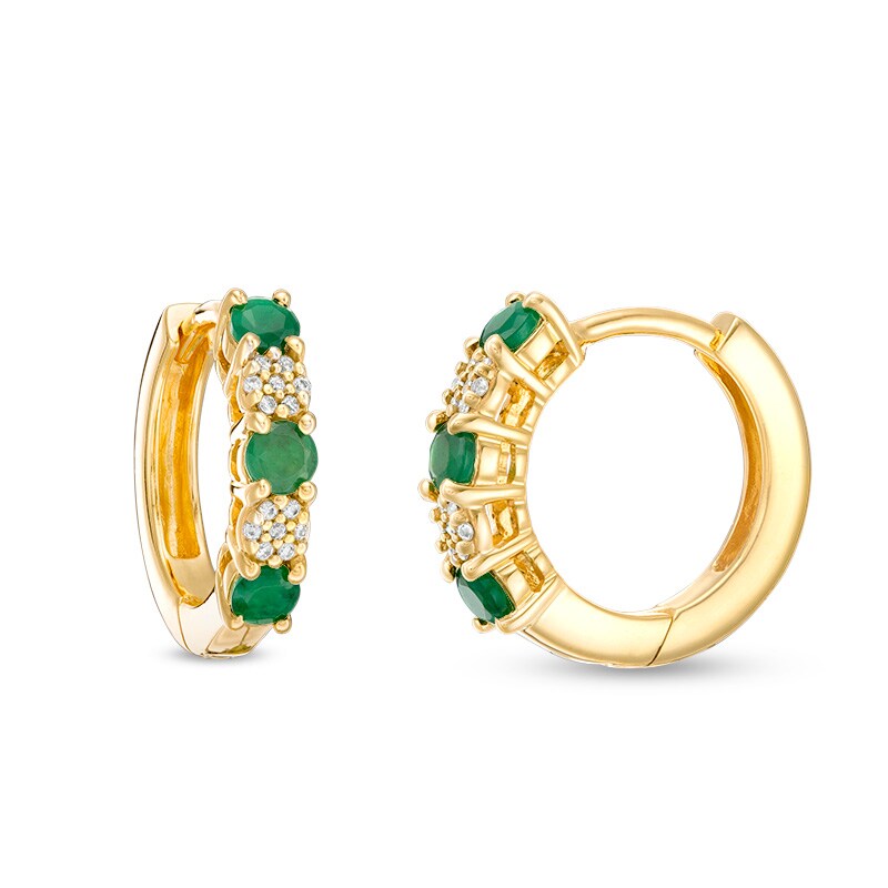 Previously Owned - Emerald and 0.08 CT. T.W. Composite Diamond Alternating Hoop Earrings in 10K Gold