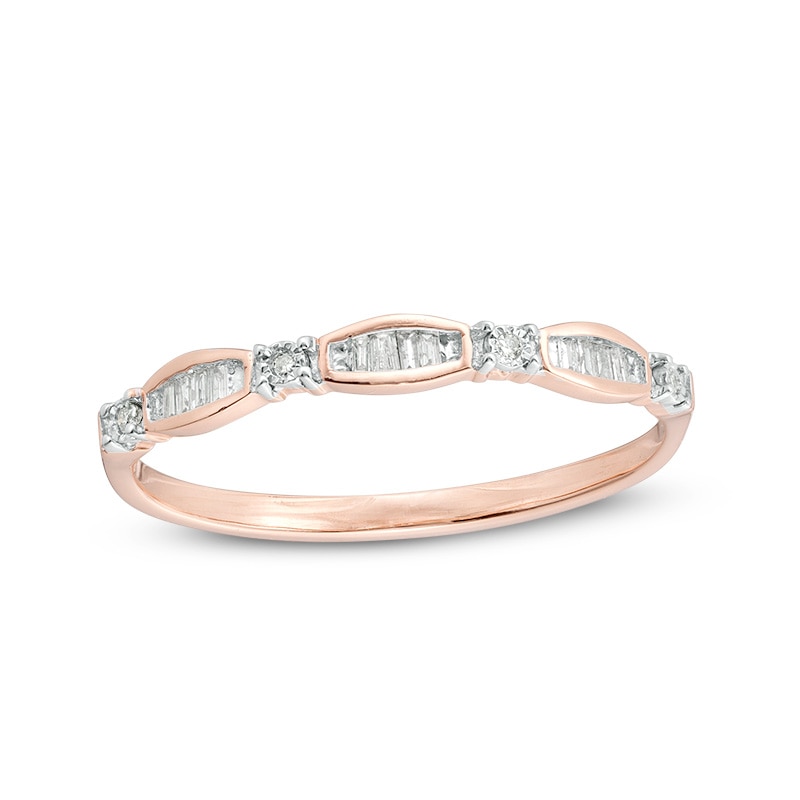 Main Image 1 of Previously Owned - 0.05 CT. T.W. Baguette and Round Diamond Station Anniversary Band in 10K Rose Gold