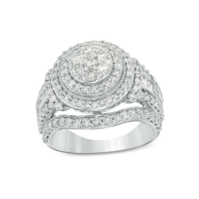 Main Image 1 of Previously Owned - 2.00 CT. T.W. Composite Diamond Frame Multi-Row Vintage-Style Engagement Ring in 10K White Gold