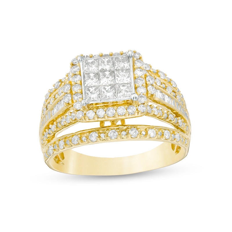 Previously Owned - 1.00 CT. T.W. Princess-Cut Composite Diamond Frame Multi-Row Engagement Ring in 10K Gold
