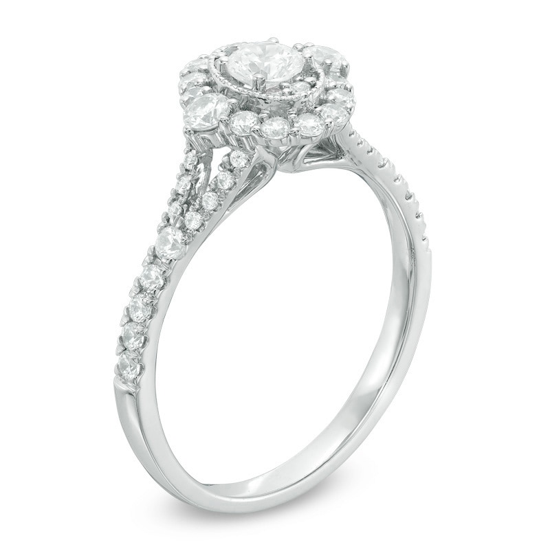 Previously Owned 0.75 CT. T.W. Diamond Oval Frame Vintage-Style Engagement Ring in 14K White Gold (I/I1)