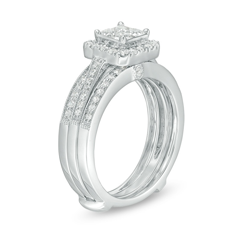 Main Image 2 of Previously Owned - 0.75 CT. T.W. Quad Princess-Cut Diamond Frame Vintage-Style Bridal Set in 10K White Gold