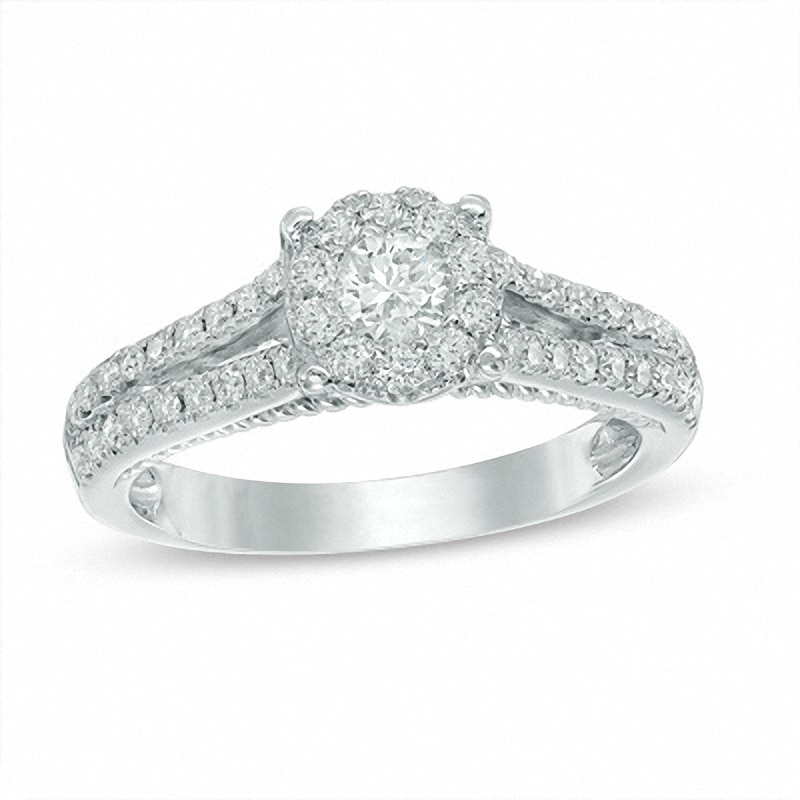 Main Image 1 of Previously Owned - 0.75 CT. T.W. Diamond Frame Split Shank Engagement Ring in 14K White Gold