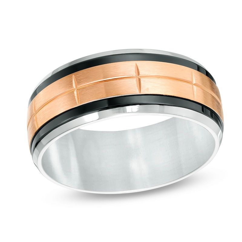 Previously Owned - Men's 9.0mm Satin Brick-Pattern Rose and Black IP Stainless Steel Wedding Band