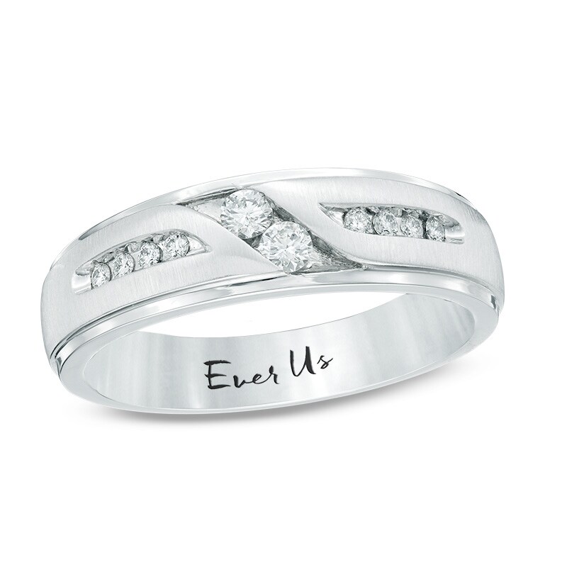 Main Image 1 of Previously Owned - Ever Us™ Men's 0.25 CT. T.W. Two Stone Diamond Satin Slant Band in 14K White Gold