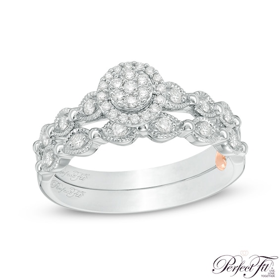 Previously Owned - Perfect Fit 0.23 CT. T.W. Multi-Diamond Frame Vintage-Style Interlocking Bridal Set in 10K White Gold