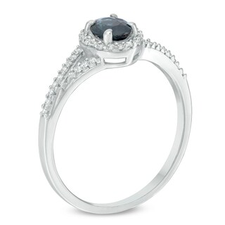 Previously Owned - Oval Blue Sapphire and 0.17 CT. T.W. Diamond Frame Split Shank Ring in 10K White Gold