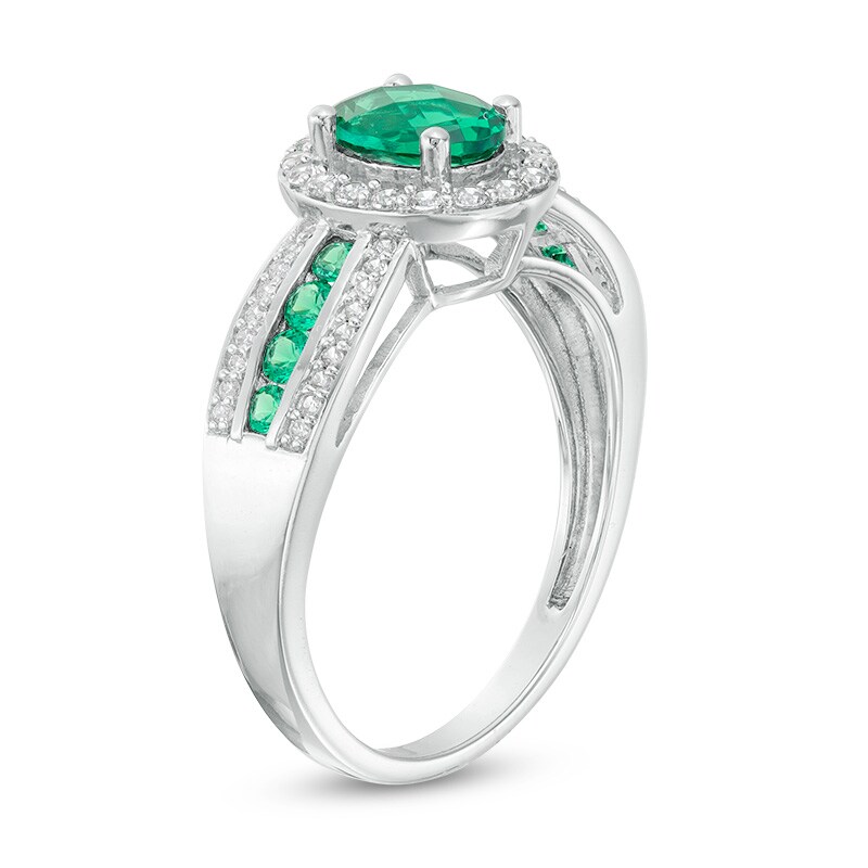 Main Image 3 of Previously Owned - Oval Lab-Created Emerald and White Sapphire Frame Triple Row Ring in Sterling Silver
