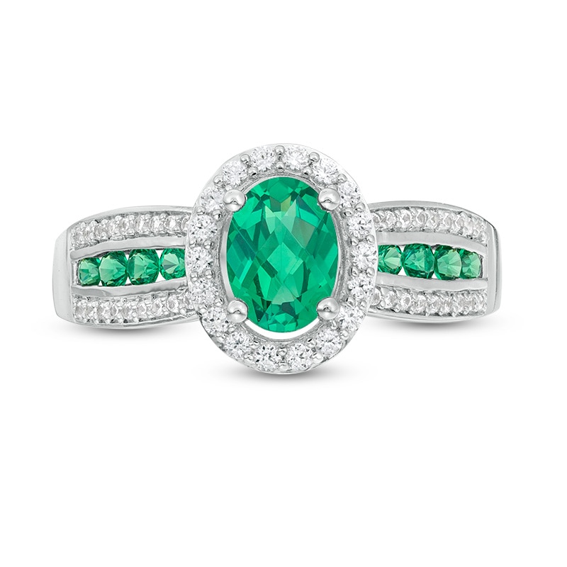 Previously Owned - Oval Lab-Created Emerald and White Sapphire Frame Triple Row Ring in Sterling Silver