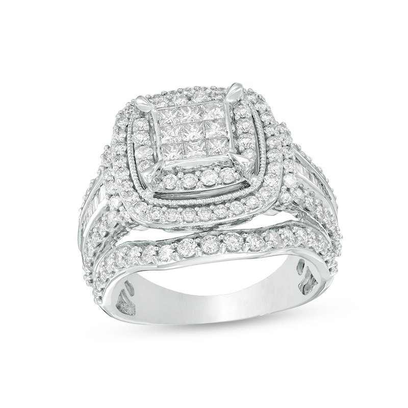 Previously Owned - 2.00 CT. T.W. Princess-Cut Composite Diamond Double Frame Engagement Ring in 10K White Gold