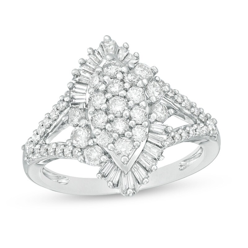 Main Image 1 of Previously Owned - 1.00 CT. T.W. Composite Diamond Marquise Sunburst Frame Ring in 10K White Gold